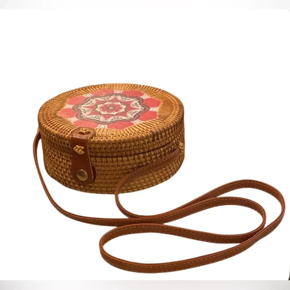 Rattan Wicker Boho Cloth Lined Bag Purse Cross body Leather Strap Antik Kraft - Picture 2 of 7